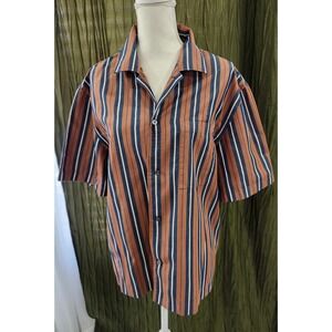 Hugo Boss Mens Relaxed Fit Striped Short Sleeve Camp Collar Shirt Orange Blue L